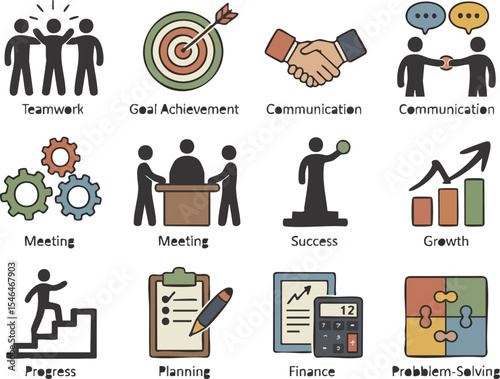 Business and Teamwork Concept Doodle Icons Set on White Background