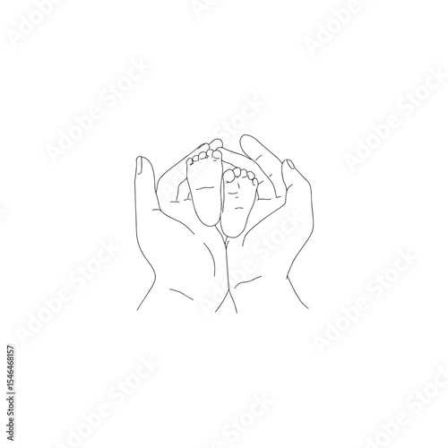 Gentle hands holding tiny baby feet simple outline illustration