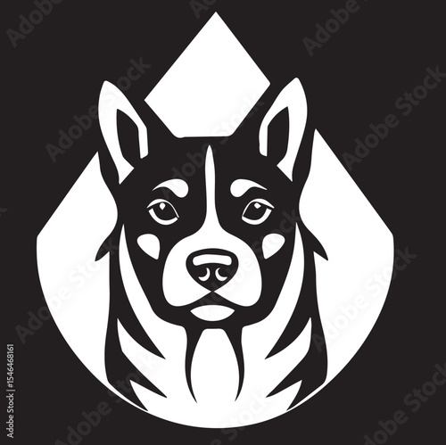 A white vector illustration of a dog's head with prominent ears and distinctive facial markings, set within a white teardrop or shield shape against a black background.