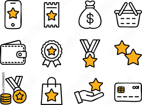 Loyalty Program Icons with Stars Representing Rewards and Benefits