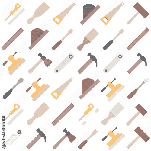 Various Carpentry Tools Seamless Pattern on White Background in Muted Colors
