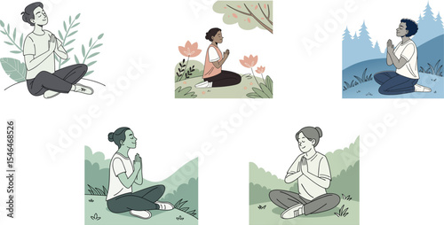 woman doing yoga outside set vector illustration