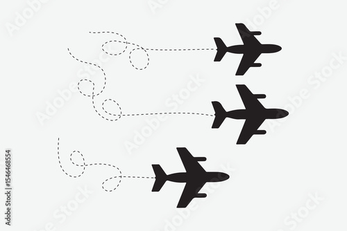 Airplane with dotted line route. flying plane with twisted, curved and straight dashed trace path.