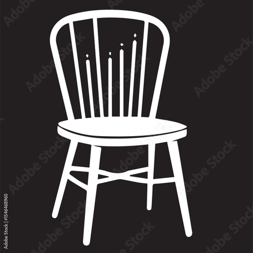 A white silhouette vector illustration of a wooden chair with a spindle back, set against a black background.