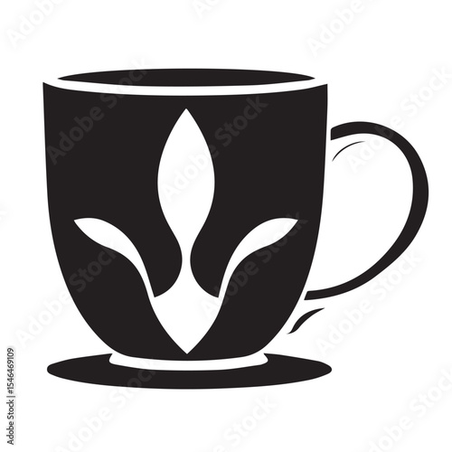 A black and white vector image of a stylized mug or cup with a decorative, leaf-like design on its front.