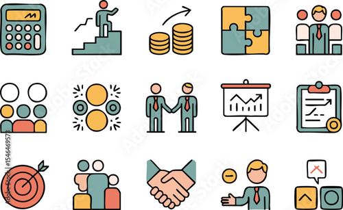 Business and Finance Icons Set Strategy Teamwork Growth and Financial Planning