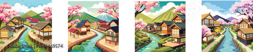 Japanese homes along the canal and cherry blossom trees design set vector illustration