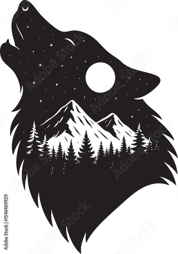 Double Exposure Wolf Howling Vector – Forest, Mountains, Moon and Stars Silhouette Art