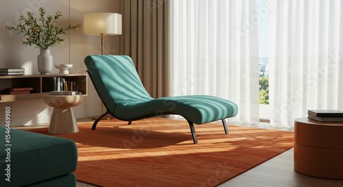 Relaxing teal chaise lounge in modern living room
