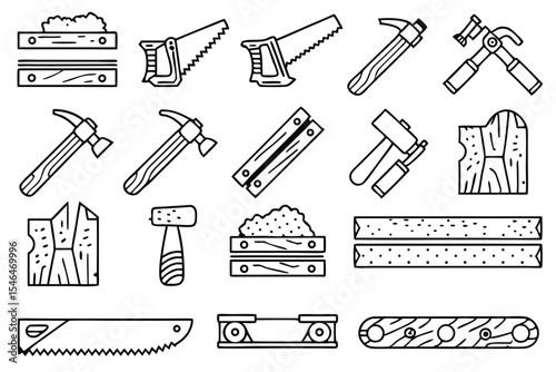 Hand Drawn Woodworking Tools and Materials in Black and White Style
