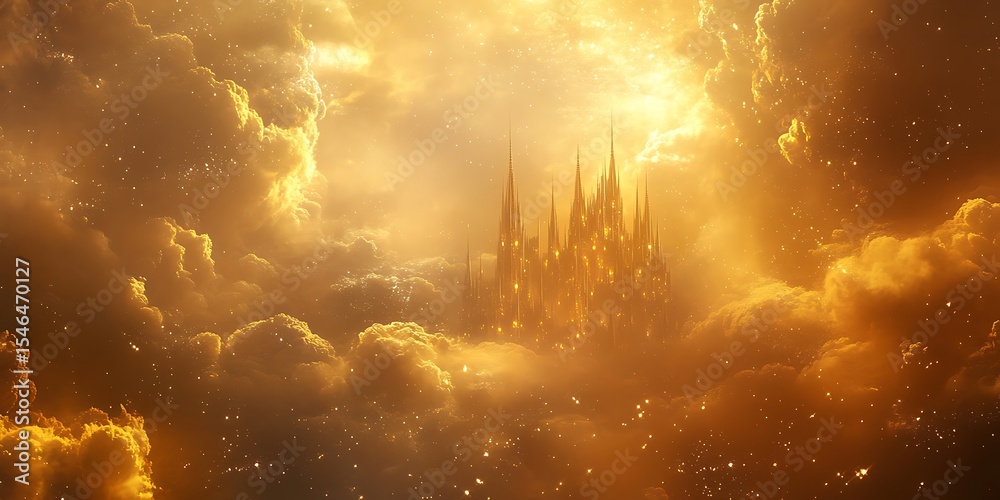 Fototapeta premium Golden Castle in Heavenly Clouds Fantasy Background for Design Projects