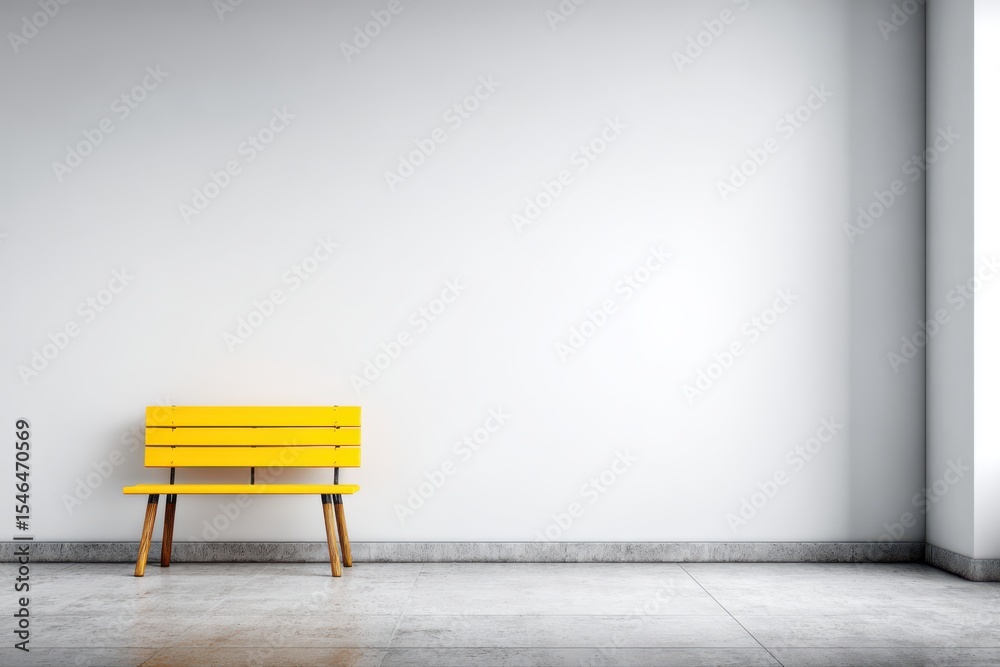 A single yellow park bench placed in a room with a clean white wall, creating a contrasting and minimalistic aesthetic. A single yellow park bench placed in a room with a clean white wall, creating a contrasting and minimalistic aesthetic.