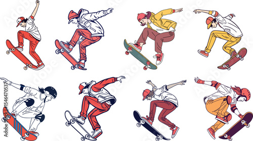 Boy on a skateboard set vector illustration