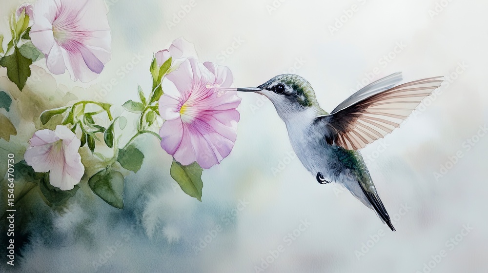 Naklejka premium Watercolor hummingbird feeding on a flower
