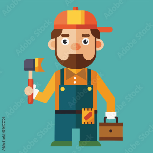 Cartoon handyman with toolbox and axe ready for work flat design