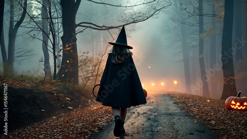 Halloween, Witch Strolls Dark, Foggy Path Amidst Bare Autumn Trees, Orange Jack O'Lanterns Glowing Jack Leads Way On This Magical Halloween Night