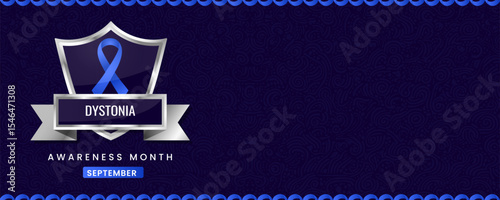 Vibrant Dystonia Awareness Month Banner Featuring a Blue Ribbon on a Stylish Shield with Ornate Swirl Background, Ideal for September Health Campaigns.