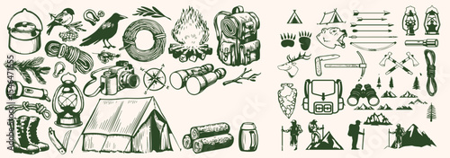 Hand-drawn travel and camping icons set in monochrome style