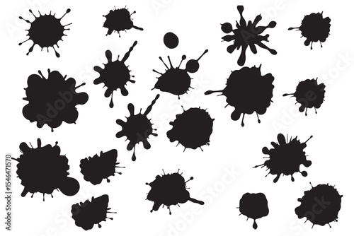 Ink drops and splashes. Blotter spots, liquid paint drip drop splash and ink splatter. Artistic dirty grunge abstract spot vector set. Illustration monochrome drip splash, splat messy inkblot