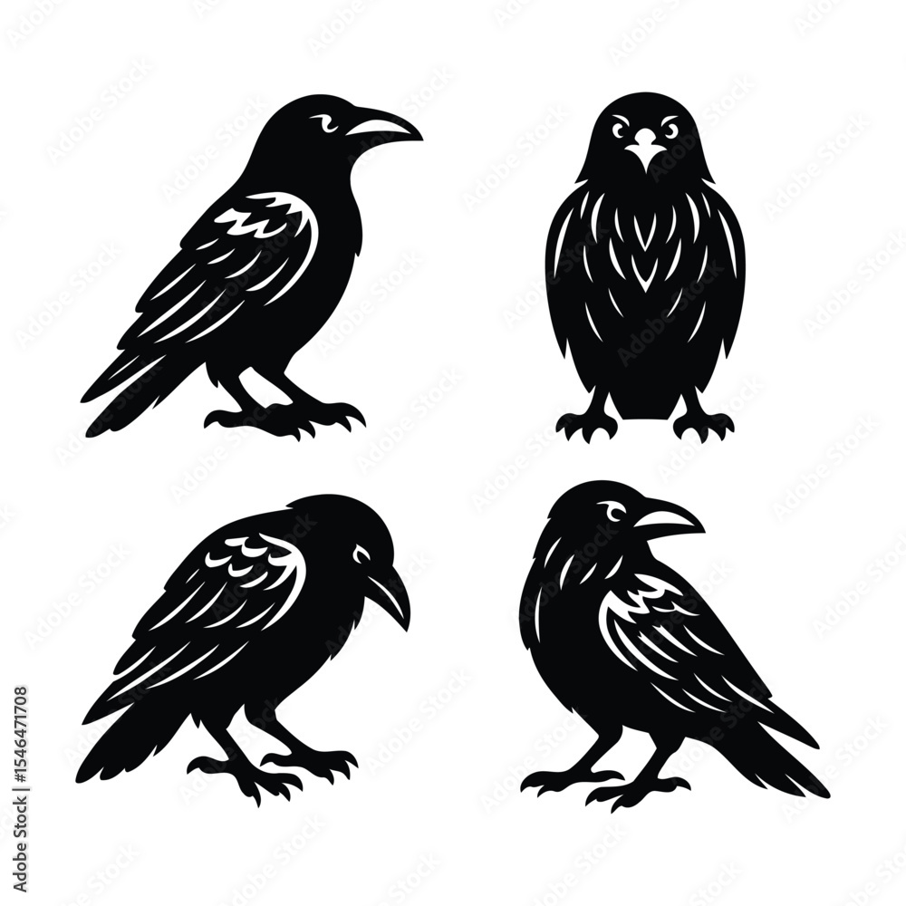 Fototapeta premium Set of Black Crow and Raven Silhouette Vector Illustrations