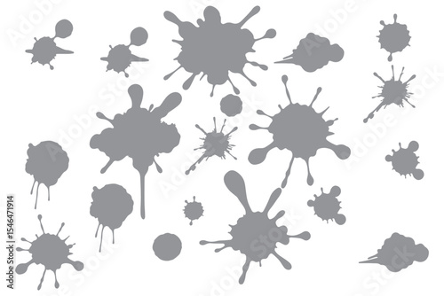 Ink drops and splashes. Blotter spots, liquid paint drip drop splash and ink splatter. Artistic dirty grunge abstract spot vector set. Illustration monochrome drip splash, splat messy inkblot