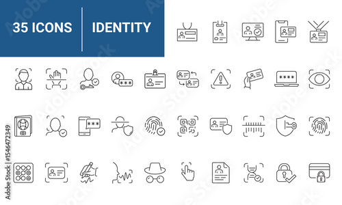 Identity set of web icons in line style. Verification icons for web and mobile app. Fingerprint, face identification, ID card, voice recognition, DNA, Passport. Vector illustration