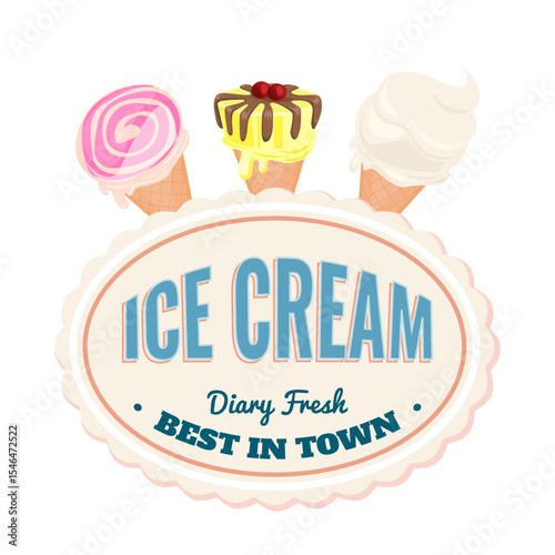 Ice cream label. Sweet cold dessert social media advertising. Retro brand post with text. Branding for cafe or shop. Flat vintage Vector illustration.