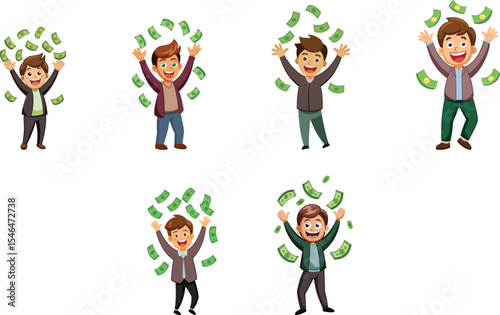 Boy celebrating with money flying in the air cartoon set vector illustration