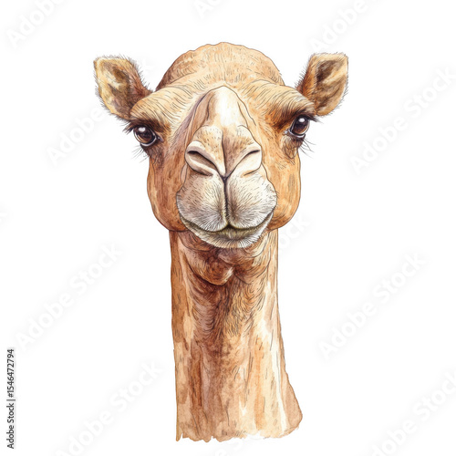 Watercolor painting of a camel head and neck, front view, isolated on transparent background