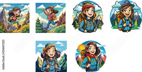 backpacker girl in mountain mascot logo set vector illustration