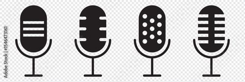 Microphone Icon Set – Vector Collection of Studio, Podcast, Dynamic, and Recording Microphones in Solid Silhouette Style