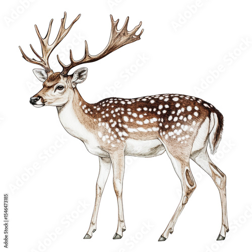 Fallow deer with antlers standing in profile view isolated on transparent background