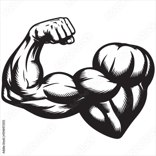 Black and white illustration of a bicep flexing
