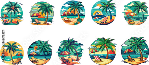 beach theme design with trees, relaxing chair, and umbrella emblem badge set vector illustration