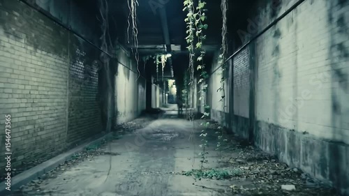 Abandoned alleyway overgrown with plants daytime scene architectural detail