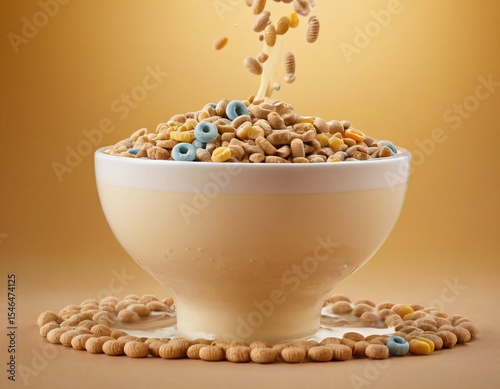 Cereal Bowl: The captivating sight of cereal pouring into a pristine bowl, showcasing the wholesome essence of a nourishing breakfast. Ai generated image