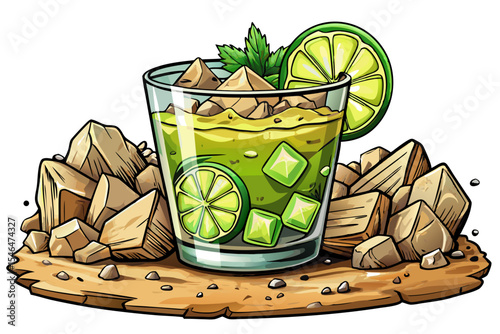 Caipirinha cocktail in short glass with fresh lime slices and ice cubes refreshing Brazilian vector drink ideal for summer menus, bar posters, or tropical party themes