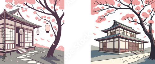 Japanese home with cherry blossom tree design set vector illustration