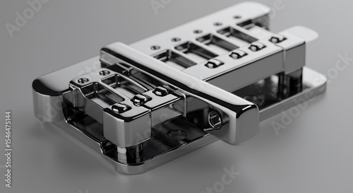 Precision-Engineered Chrome Guitar Bridge: A 3D Render of Superior Musical Hardware