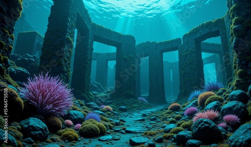 Bioluminescent Coral Reef Among Ancient Ruins, Ethereal Underwater Landscape, Turquoise and Violet Hues