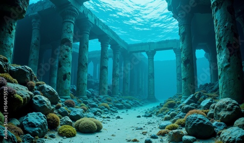Submerged Ruins: Turquoise Coral, Marble Columns, Bioluminescence, Deep Sea Serenity