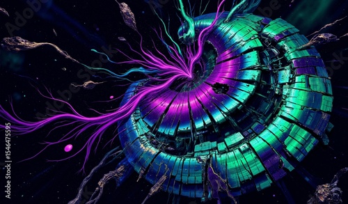 Electric Violet And Emerald Nebula Swirls, Crystalline Texture, Digital Distortion Art