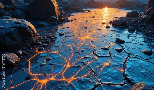 Iridescent Crystalline Ruins, Orange and Azure Geometric Patterns, Ethereal Lost Civilization Landscape