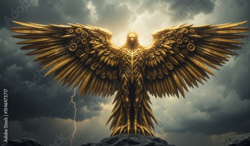 Brass Gear Wings Against Stormy Sky: Ethereal Mechanical Sculpture With Golden Glow