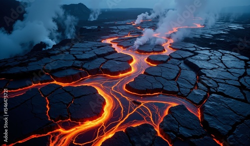 Fiery Volcanic Landscape: Molten Rock Flow, Blue Vapor, Fractured Terrain, Dramatic Shadows