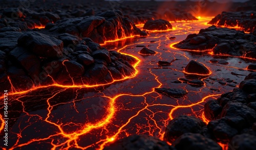 Glowing Molten Lava Flows and Solidified Rock Formations With Intense Heat