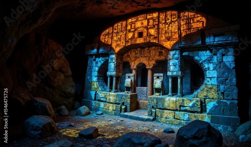 Holographic Glyphs and Architecture Projected on Mossy Stone in Dim Cavern Setting