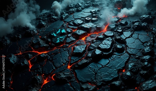 Molten Obsidian Flow With Crimson Light, Turquoise Veins, And Ethereal White Steam
