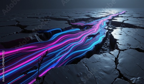 Neon Blue And Violet Ribbons Flowing Through Fractured Geometric Planes In Dark Space