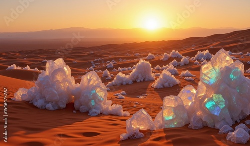 Crystalline Formations Rising From Ochre Dunes Under Amber Sunset Landscape